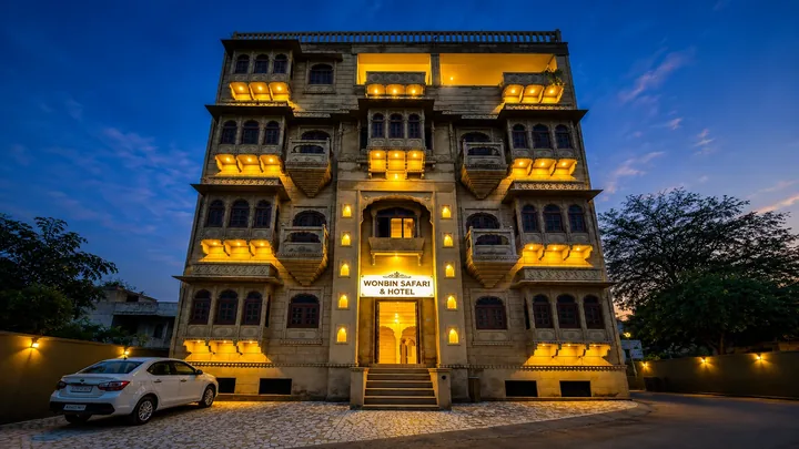 The Wonbin Safari hotel on Fort Road, Jaisalmer, lit at dusk