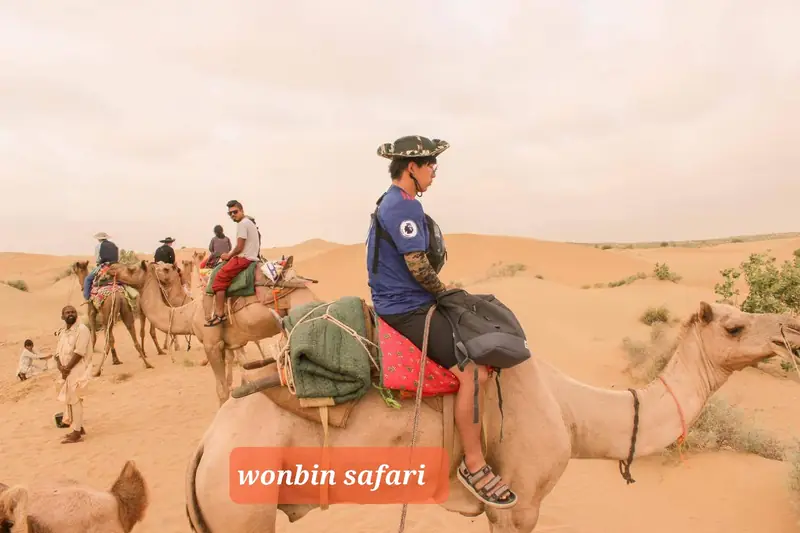 A line of camels and riders crossing the sand in the early afternoon