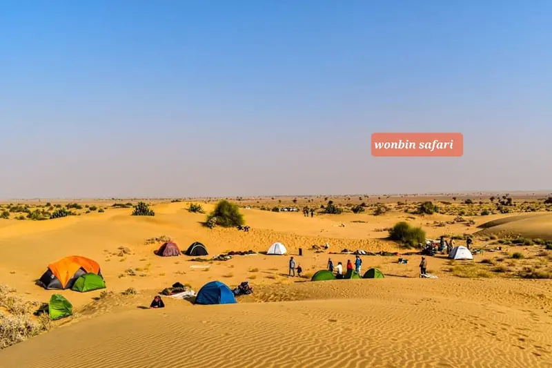 Tents pitched in a hollow between dunes, seen from the ridge