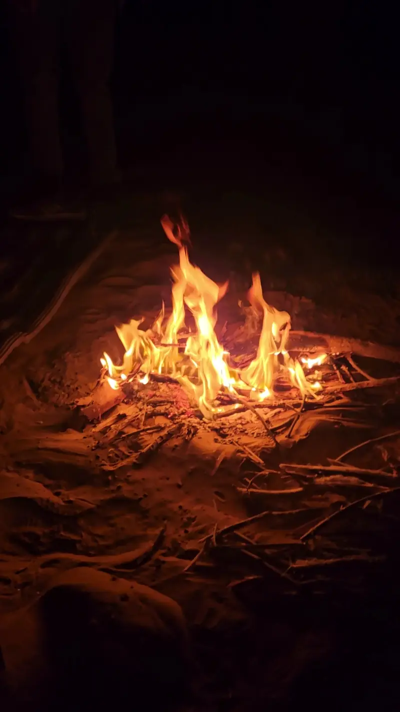 The fire built up for the evening, burning against the dark