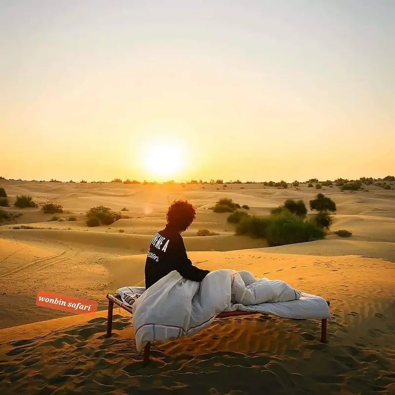 A bed made up on the open dunes, the sun low behind it