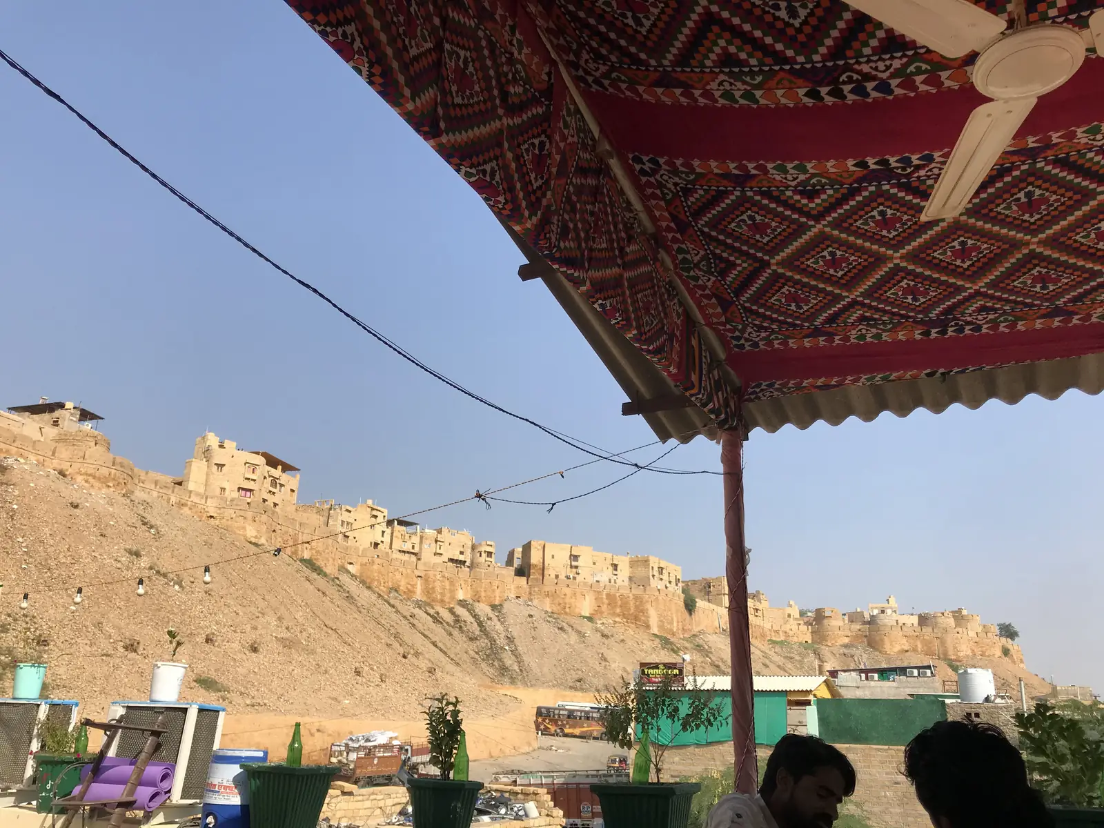 The roof under its canopy, looking across to the fort