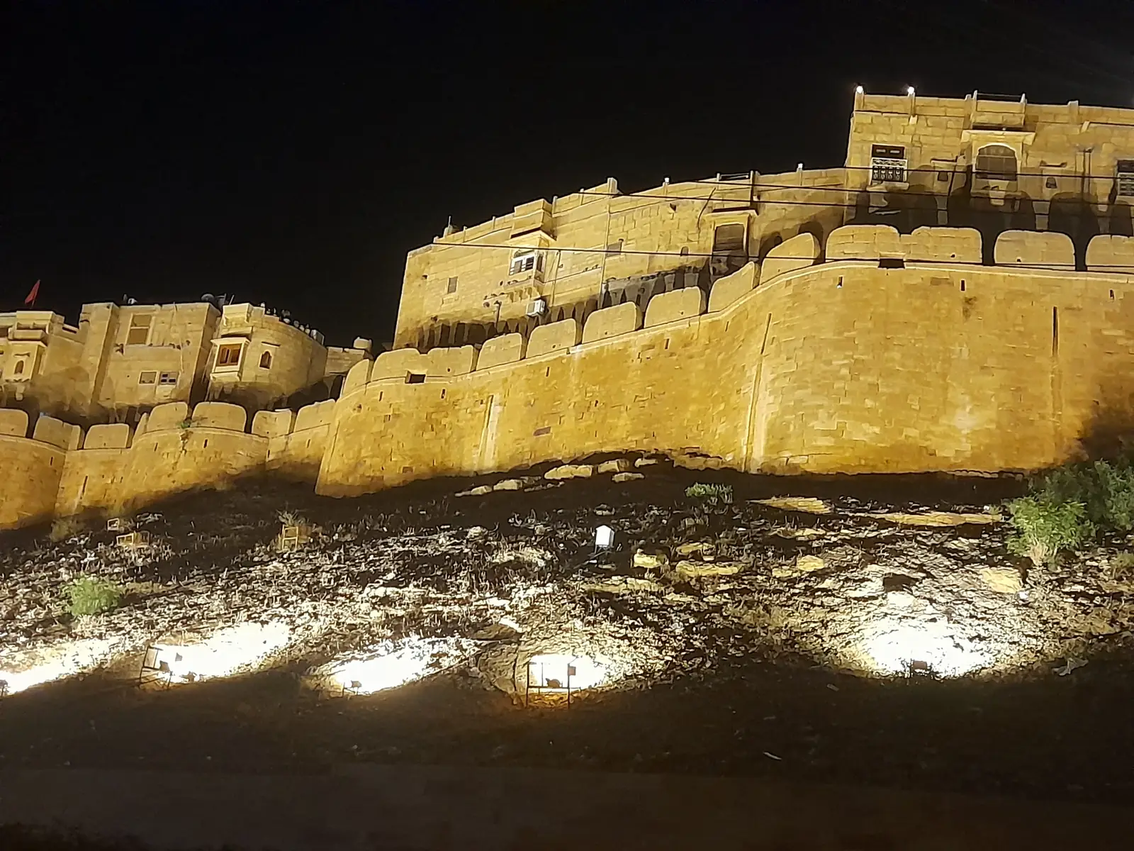 Jaisalmer fort lit up at night, seen from the roof