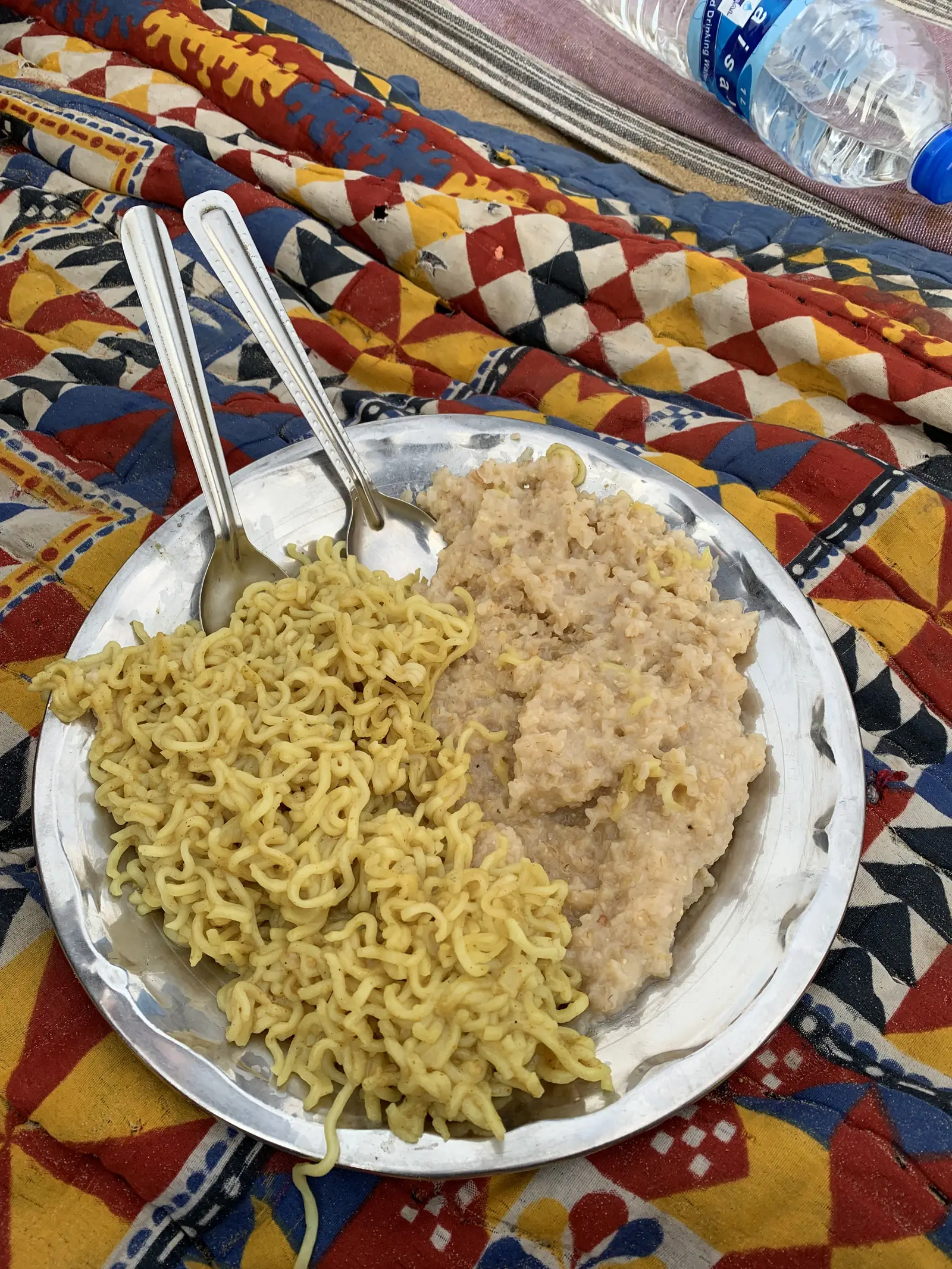 Dinner served on a printed cloth