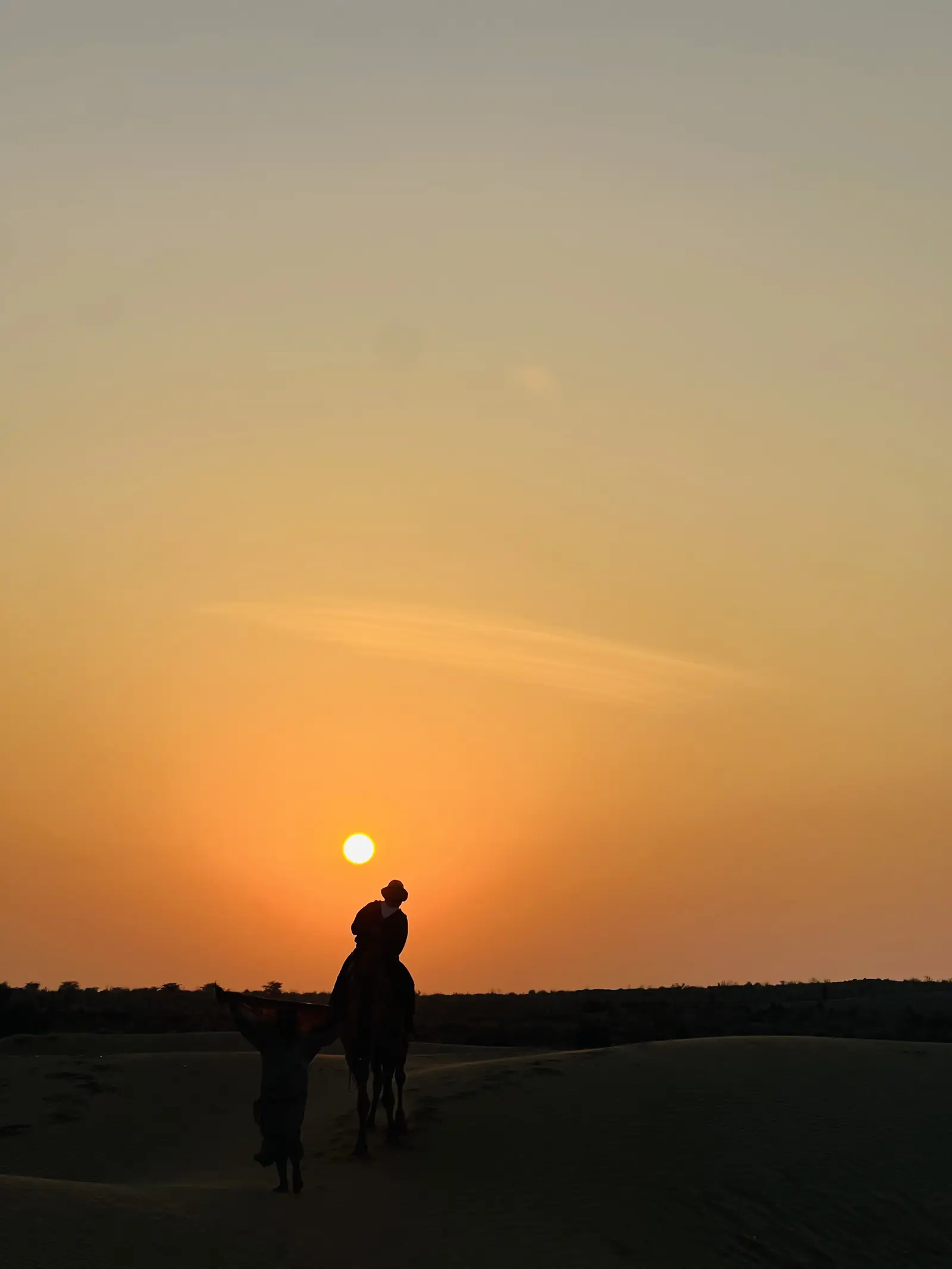 A camel and its rider in silhouette after the sun has gone