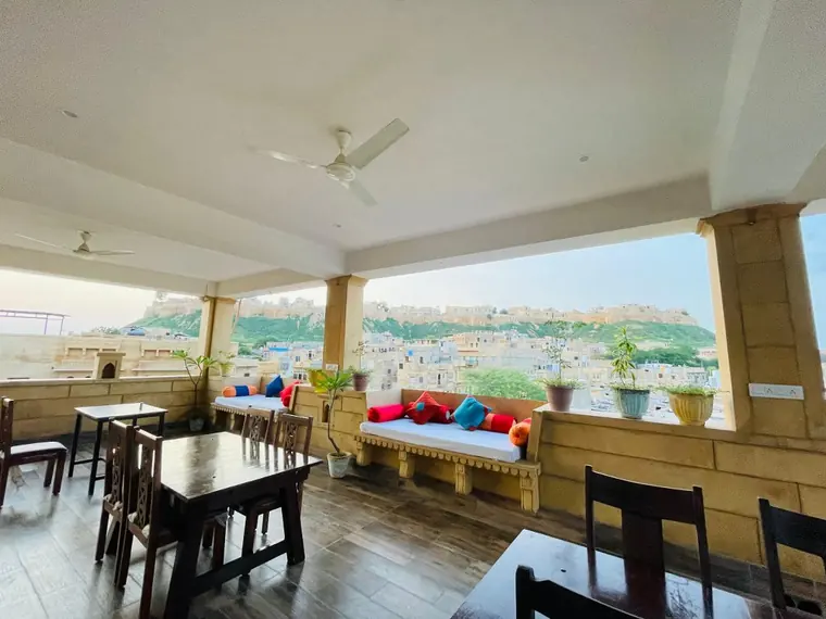 The rooftop at the Wonbin Safari hotel, looking across Jaisalmer to the fort